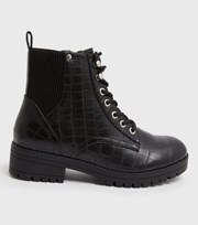 New Look Wide Fit Black Faux Croc Lace Up Chunky Boots